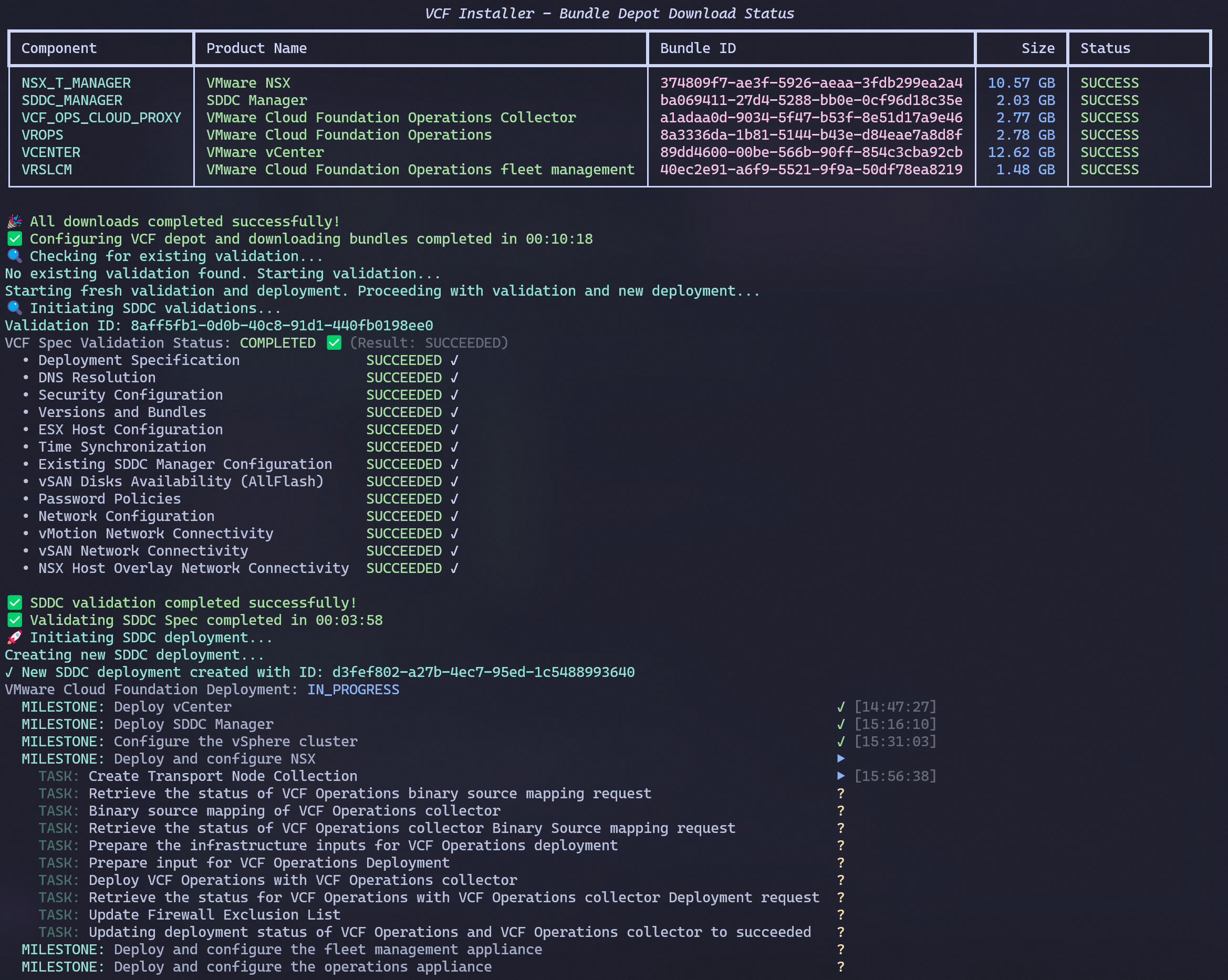 zpod-vcf-deployer — SDDC deployment progress