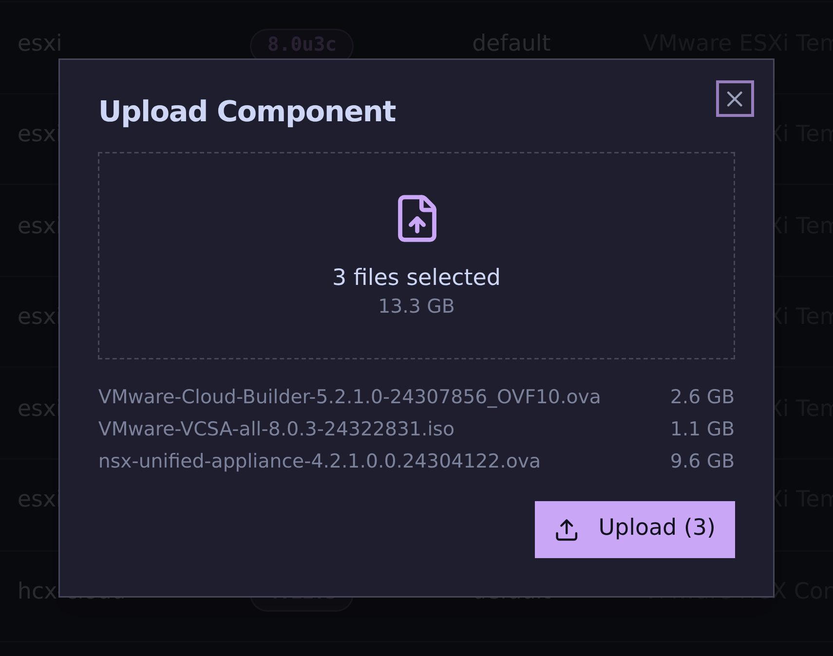 zpodweb Upload Component dialog with three files